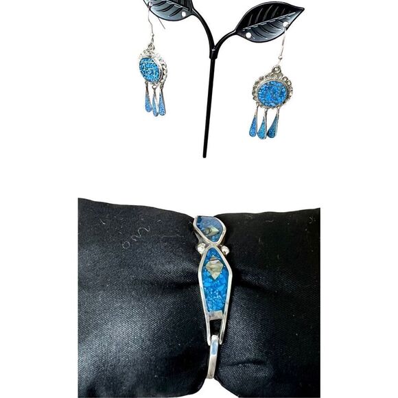 Alpaca Mexico Turquoise Composite Silver Hinged Bracelet & Dangle Earrings VTG‎ - Picture 2 of 8